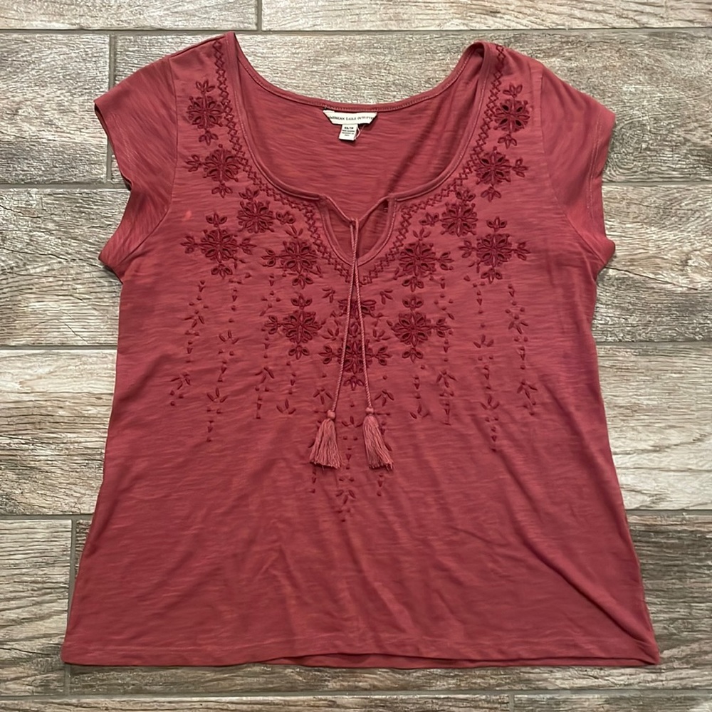 American Eagle Outfitters Slub Knit Embroidered Short Sleeve Top